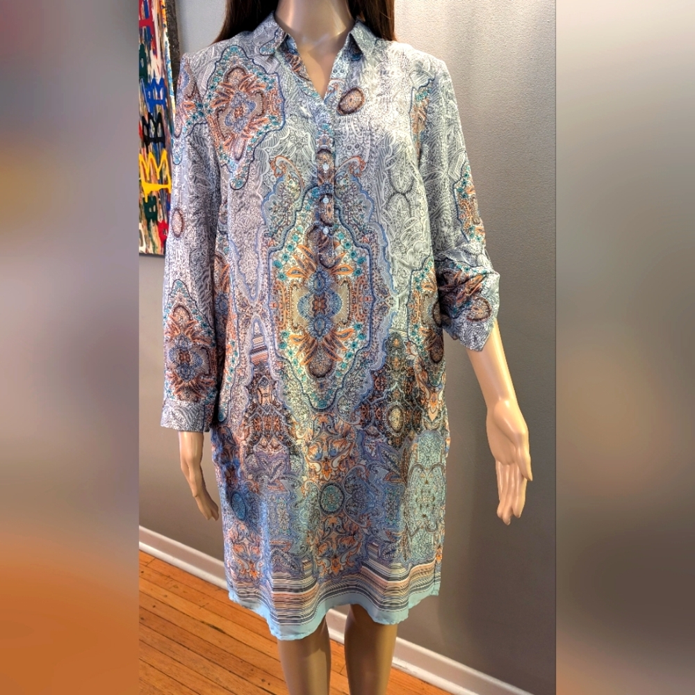 ESPRIT Shirt style Tunic Dress. Blue Multicolour Mandela pattern. Size 6 EUC